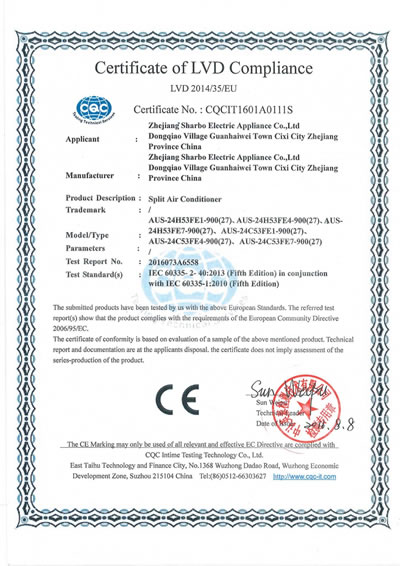 Certification CE pour le climatiseur 24000BTU
