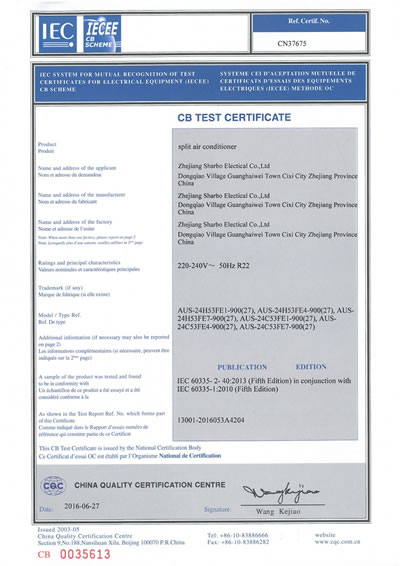 Certification pour le schéma CB du climatiseur 24000BTU